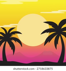 Paisaje tropical de la puesta del sol rosada de la palmera