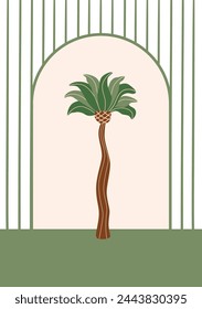 Afiche de palmera tropical. Mano dibujada palmera enmarcada, lindo verano playa vector tarjeta. Ilustración botánica para arte de pared, saludo, invitación, planta decorativa en fondo rayado.