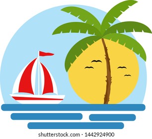 Tropical palm tree and sailboat with Sunset. Palm trees, sun, sea.