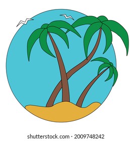 a tropical palm tree in the sand against the blue sky. in a circle. vector illustration.