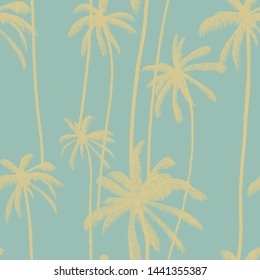 Tropical palm tree seamless pattern. Jungle light pastel blue summer hawaiian beach wallpaper. Trendy fabric design. Vector illustration.