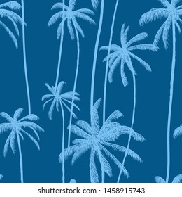 Tropical palm tree seamless pattern in blue colour. Exotic floral wallpaper. Fashion fabric design. Multicolored vector illustration.