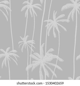 Tropical palm tree seamless pattern in pastel grey colour. Exotic floral wallpaper. Fashion fabric design. Vector illustration.