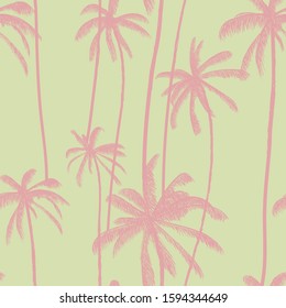 Tropical palm tree seamless pattern in pale pastel color. Silhouette floral wallpaper. Fashion fabric design. Vector illustration.