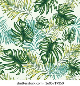 Tropical palm tree. Seamless pattern background of fresh palm leaves. Vector image.