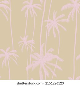 Tropical palm tree seamless pattern in pale pastel color. Summer floral wallpaper. Fashion fabric design. Vector illustration.