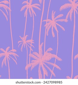 Tropical palm tree seamless pattern in pink colour. Silhouette floral wallpaper. Fashion fabric design. Multicolored vector illustration.