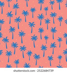 Tropical Palm Tree Seamless Pattern with Bold Blue Silhouettes on Coral Background in Vector Format for Digital and Print Projects