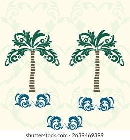 Tropical Palm Tree Seamless Pattern with Baroque Flourish  Exotic Island Decor. Damask Seamless Pattern. Great for exotic-themed home decor, textile prints, beachwear, and tropical packaging design.