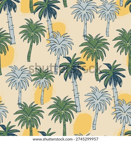 tropical palm tree seamless pattern design in vector graphic. summer vibes background. hand drawing print design. sunset sun graphic design. tee t-shirt sweatshirt clothing fabric print.