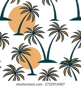 Padrão de azulejos sem costura de palmeira tropical com frondes verdes e pores do sol dourados conceito como Palmeiras com frondes verdes e pores do sol dourados criar uma vibração de praia tropical neste padrão de azulejos sem costura no Photo Stock Concept e espaço vazio no lado esquerdo, sem texto —ar 7:2 —tile