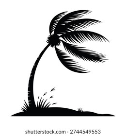 Tropical palm tree silhouette bending from wind, scattered grass, isolated beach element, vector design.
