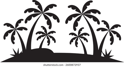 Tropical Palm Tree Silhouette, Island Landscape, Black and White Vector