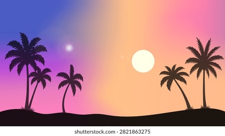 Tropical palm tree silhouette landscape with a colorful sunset gradient sky, glowing sun, and island scenery.