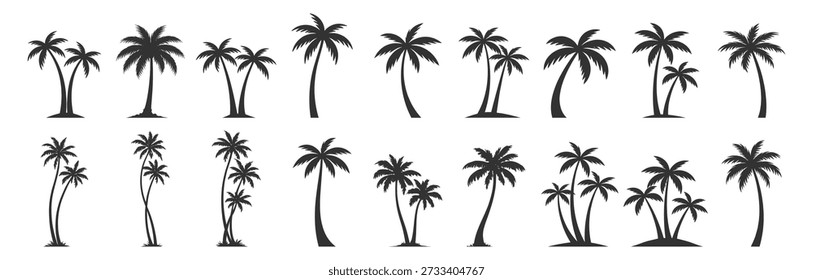 Tropical palm tree silhouette set, beach summer nature vector illustration, coconut island paradise vacation travel resort on transparent background

