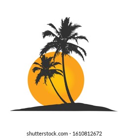 Tropical palm tree silhouette with sun rising. Stock Vector illustration isolated on white background.