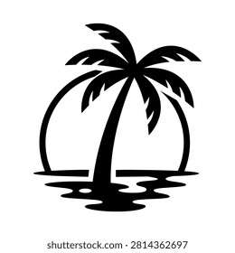 Tropical palm tree silhouette with sunset outline and water reflection. Minimal vector icon for beach, island, vacation, travel and summer designs.
