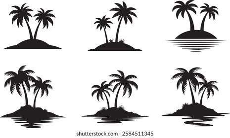 Tropical palm tree silhouette vector art . Designs for vacation branding.