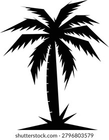 Tropical palm tree silhouette vector illustration. It features a textured trunk, highly jagged and spiky fronds, and stands on a sharp, triangular plot of ground with spike grass.