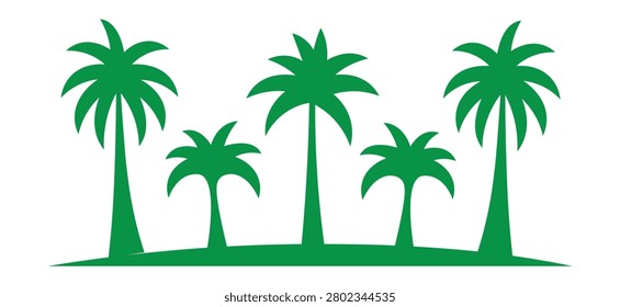 Tropical palm tree silhouette vector collection featuring green coconut trees in different sizes and shapes. Perfect for summer, beach, island, travel, resort, landscape, nature, tourism, logos, tropical branding, decorations, and outdoor design projects.