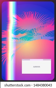 Tropical palm tree and Sphere shape with VHS - rgb light overlay, vaporwave aesthetic / space feelings neon background poster-card template, nostalgic feelings