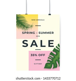 Tropical palm tree spring summer 35% sale banner template design. Big sale special offer. Special offer banner for poster, flyer, brochure, sticker. Tropical vector illustration.
