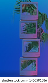 Tropical palm tree and stack of vintage crt tv in pink and ultramarine neon glow ambience, aesthetic background illustration