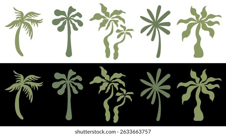 Tropical Palm tree Stencil Set. Modern Palm tree Graphics. Vector illustration isolated on black and white background.
