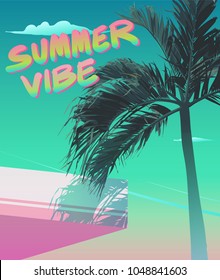 Tropical palm tree, Summer vibe beach / building background. vintage/ retro vaporwave / nostalgic minimal flat vector background