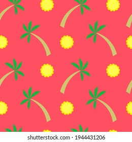 Tropical palm tree and sun on a red background. Seamless vector illustration. Background.