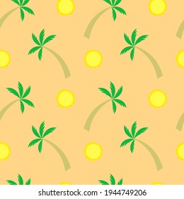 Tropical palm tree and sun on a beige background. Seamless vector illustration. Background.