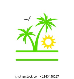 Tropical palm tree with sun. Summer beach. Sunset. Palm tree silhouette. Vector illustration isolated on white background