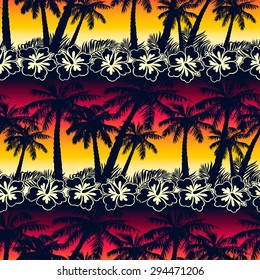 Tropical palm tree at sunset with hibiscus flowers seamless pattern.