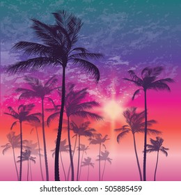 Tropical palm tree and sunset sky vector illustration