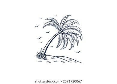 tropical palm tree swaying in the wave line art vector illustration