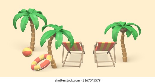 Tropical palm tree, swim ring, swim ball and deck chairs on white background. Summer 3d realistic objects. Vector illustration.