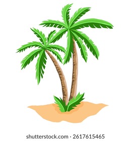 Tropical palm tree vector illustration, Two palm trees on sand with white background