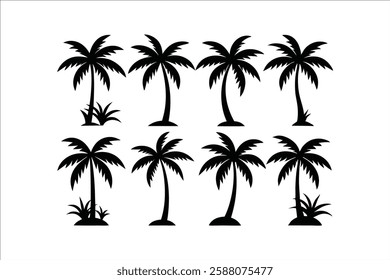 Tropical palm tree vector silhouettes. Palm trees silhouette clipart set. Coconut and palm tree icon clip art drawing
