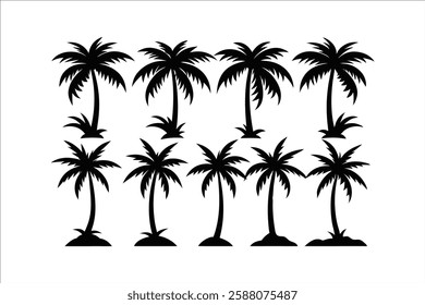 Tropical palm tree vector silhouettes. Palm trees silhouette clipart set. Coconut and palm tree icon clip art drawing
