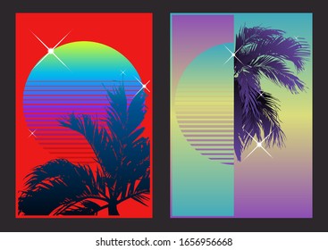 Tropical palm tree and vintage sun graphic with light glow star shape effects on bright red and pastel gradient, retro 80s beach background, cool vintage techno summer vibe background collection.