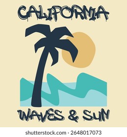 Tropical palm tree, waves and sun vector graphic print