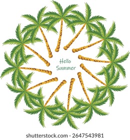 Tropical palm tree wreath with "Hello Summer" text, circular summer frame design, isolated on white background, perfect for seasonal decoration