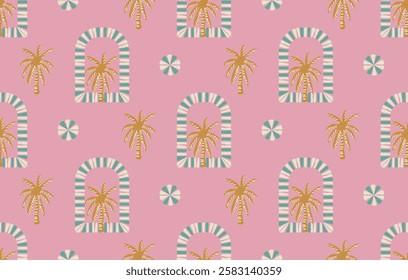 Tropical palm trees and arches pattern  Summer vibes beachy and stylish design for sunny 
