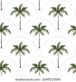 Tropical palm trees, arches, white background. Vector seamless pattern. Floral illustration. Exotic plants. Summer wallpaper design. Paradise nature