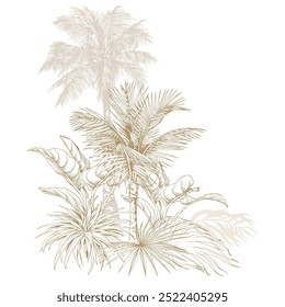 Arranjo de palmeiras tropicais. Ilustração tropical desenhada à mão. Composição botânica.