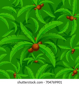 Tropical palm trees background, seamless pattern with leaves and coconuts. Vector illustration.