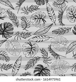 Tropical palm trees and banana leaves. Abstract background seamless pattern. Black and white on strips phon. 