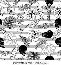 Tropical palm trees, banana leaves and skull on strip background. Abstract background seamless pattern. Print fabric, paper and web.