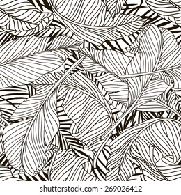Tropical palm trees and banana leaves. Abstract background seamless pattern. Black and white.