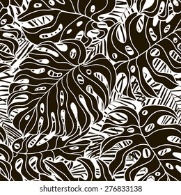 Tropical palm trees and banana leaves. Abstract background seamless pattern. Black and white. Frond, monstera, grass.